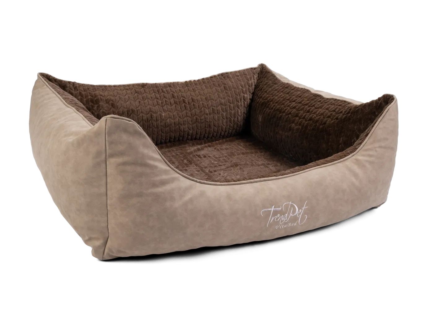 Orthopädisches Hundebett, beige mit braunem Innenfutter. TrendPet VitaBed Logo. Rechteckige Form mit erhöhten Seiten.