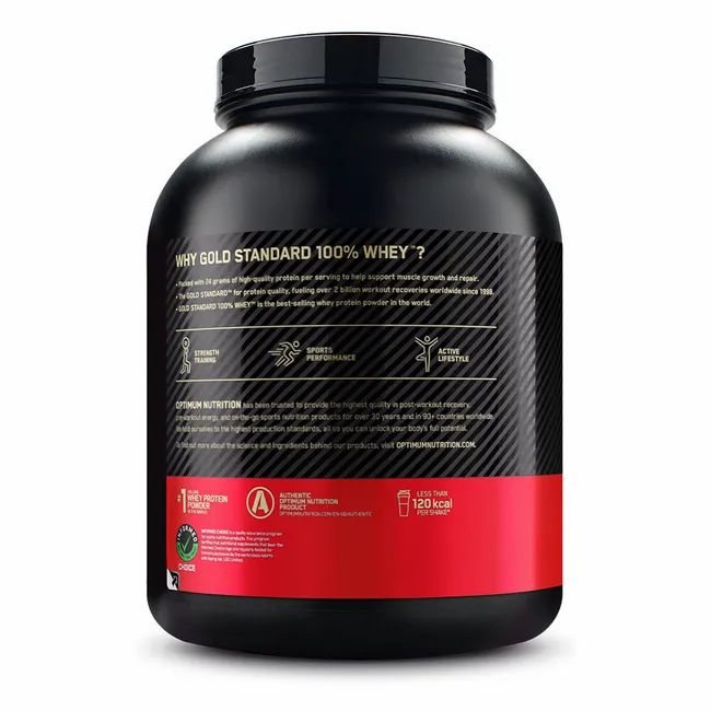 Rückseite einer schwarzen Dose mit rotem Etikett. Text: Warum Gold Standard 100% Whey? Informationen zu Protein.