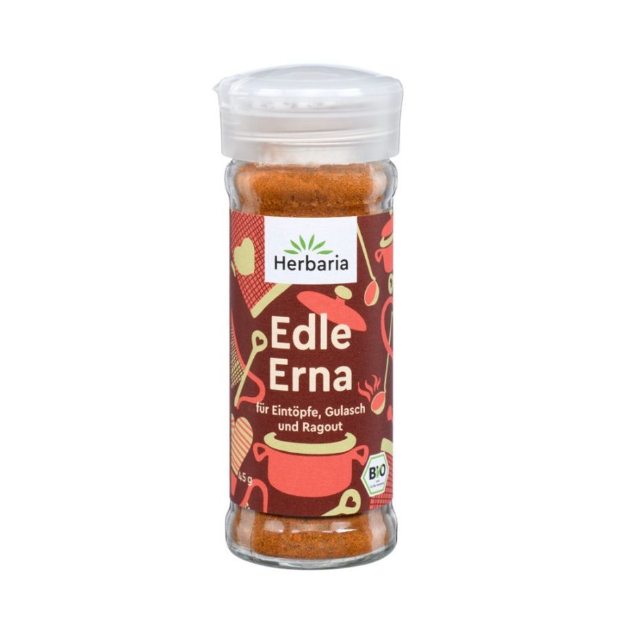Glasflasche mit Gewürz. Aufkleber mit "Herbaria Edle Erna Bio". Bio-Siegel. Deckel aus Kunststoff.