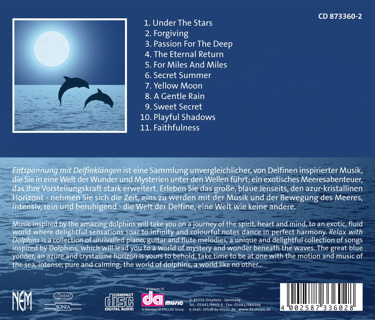 Rückseite der CD-Hülle. Titel: Entspannung mit Delfinklängen. Trackliste. Text über Delfin-inspirierte Musik. Logo: da music.