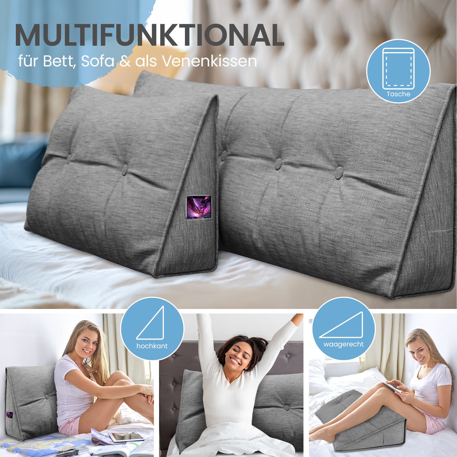 Graues Rückenkissen mit Knöpfen und Seitentasche. Text: Multifunktional. Anwendungsbeispiele: Bett, Sofa, Venenkissen.