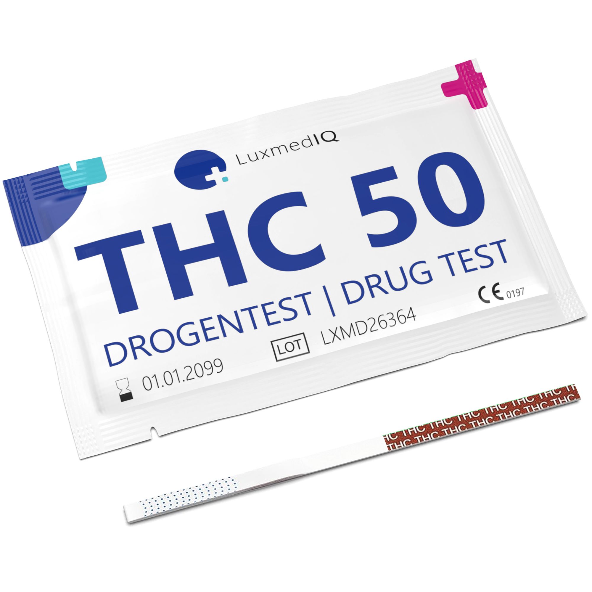 Verpackung und Teststreifen. Aufschrift: THC 50, Drogenschnelltest. LuxmedIQ Logo. Haltbarkeitsdatum: 01.01.2099. Chargennummer.