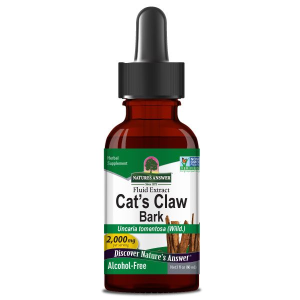 Braune Glasflasche mit schwarzem Deckel und Pipette. Aufschrift: Cat's Claw Bark, Nature's Answer. Vegan.