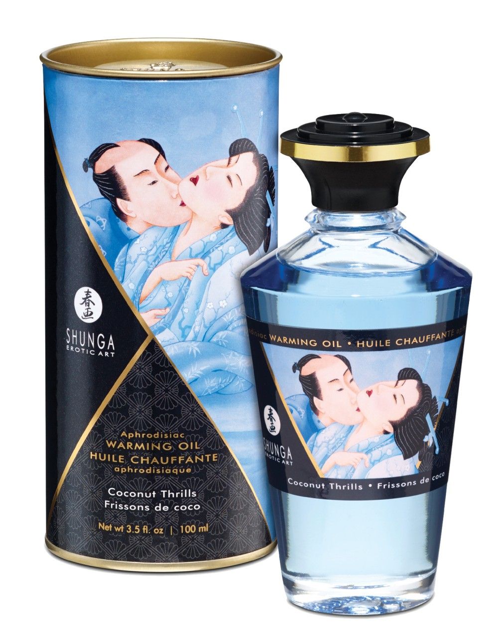 Zylindrische Verpackung und Flasche mit blauem Öl. Aufdruck: Shunga, Warming Oil, Kokosnuss. Goldener Deckel.