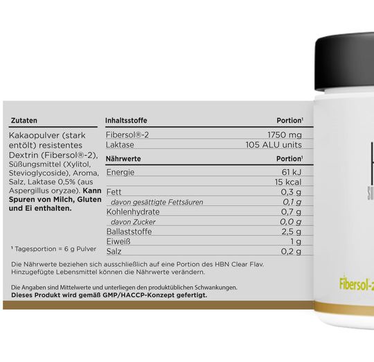 Detailansicht der Nährwertangaben von "HBN Supplements Clean Flav". Text auf weißem Hintergrund. GMP/HACCP-Zertifizierung.