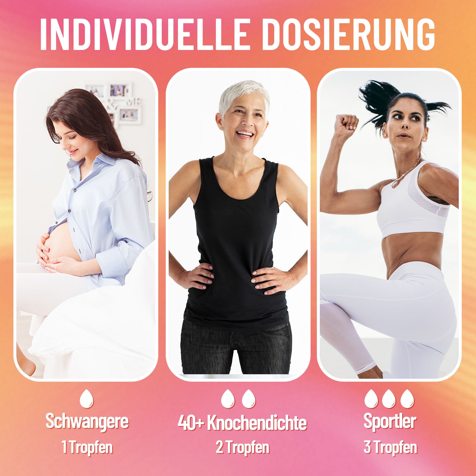 Schwangere Frau sitzt, hält ihren Bauch. Empfehlung: 1 Tropfen.