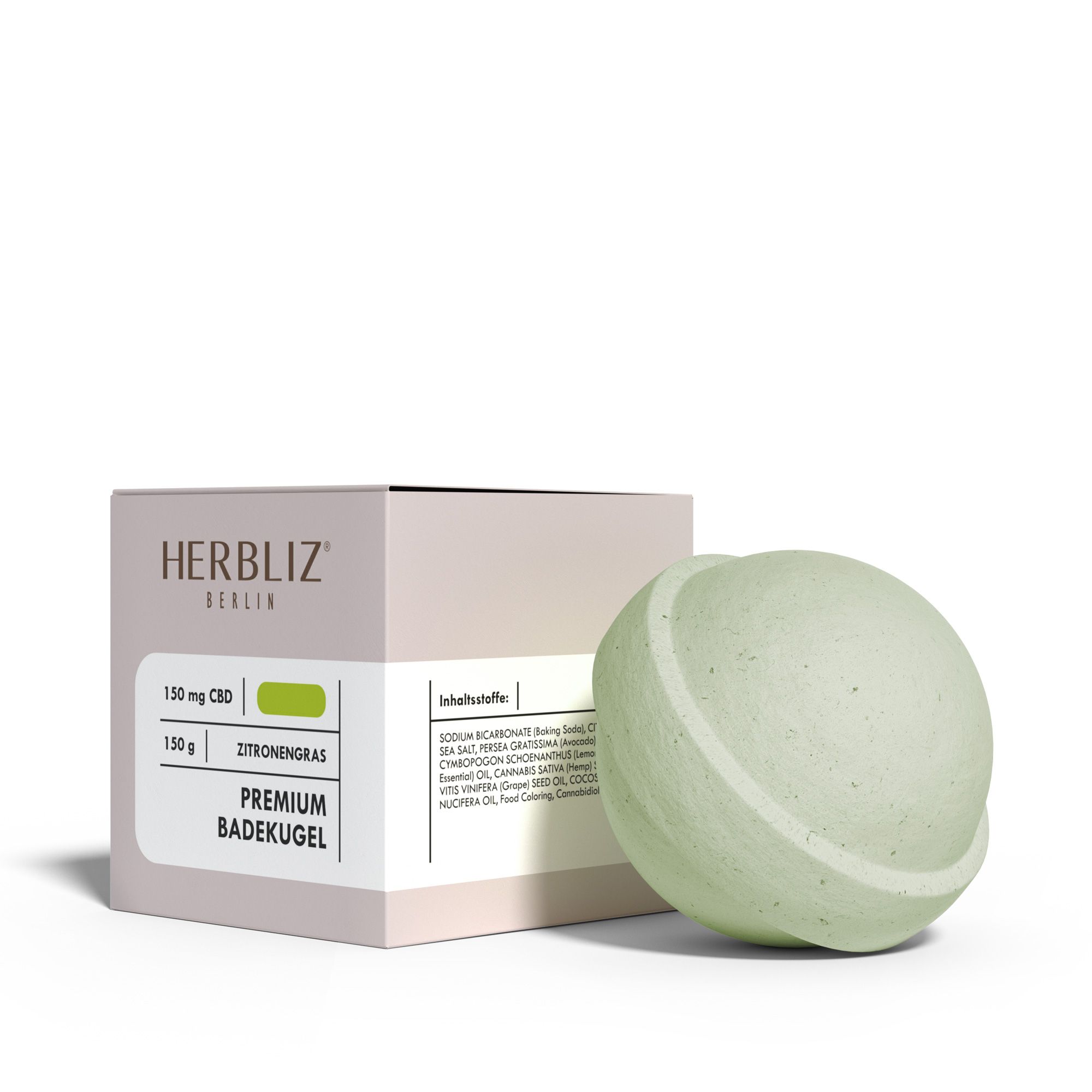 Hellgrüne Badekugel neben Verpackung. Verpackung mit Logo, Produktname und Inhaltsstoffen. 150mg CBD.