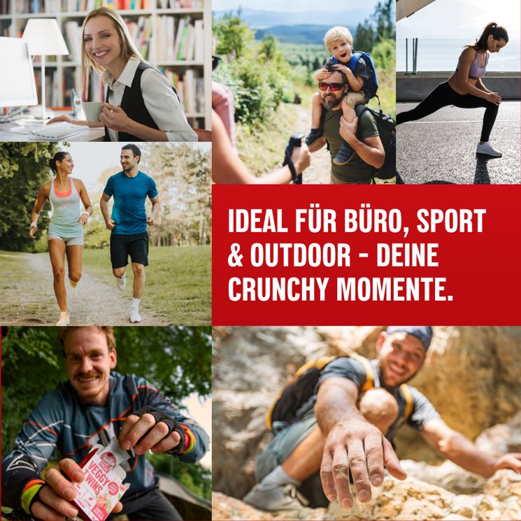 Collage von Menschen in verschiedenen Outdoor- und Büro-Situationen. Text: Ideal für Büro, Sport & Outdoor - deine crunchy Momente.