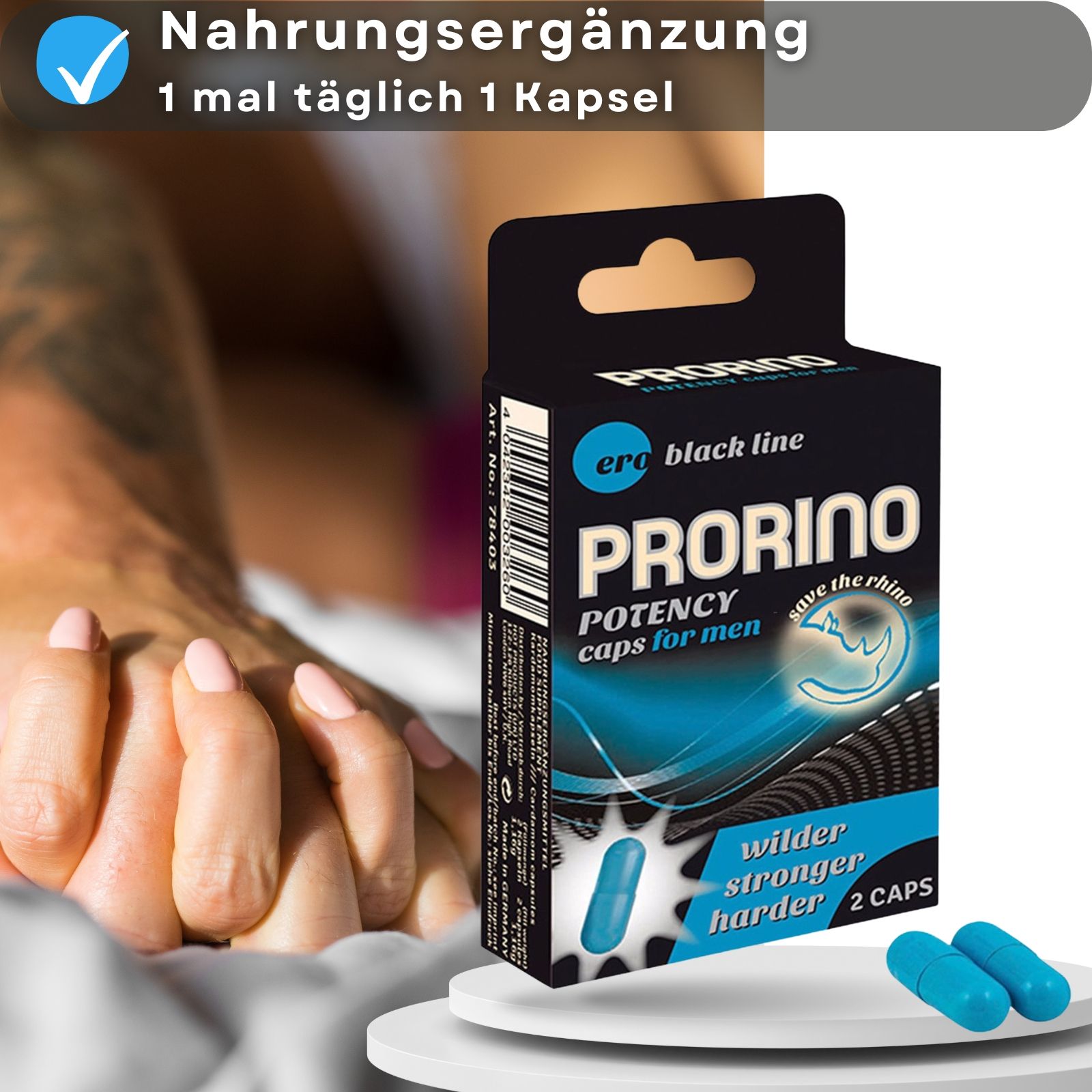 Produktverpackung und blaue Kapseln. Text: Prorino, Potency caps for men, 2 caps. Hände im Hintergrund.