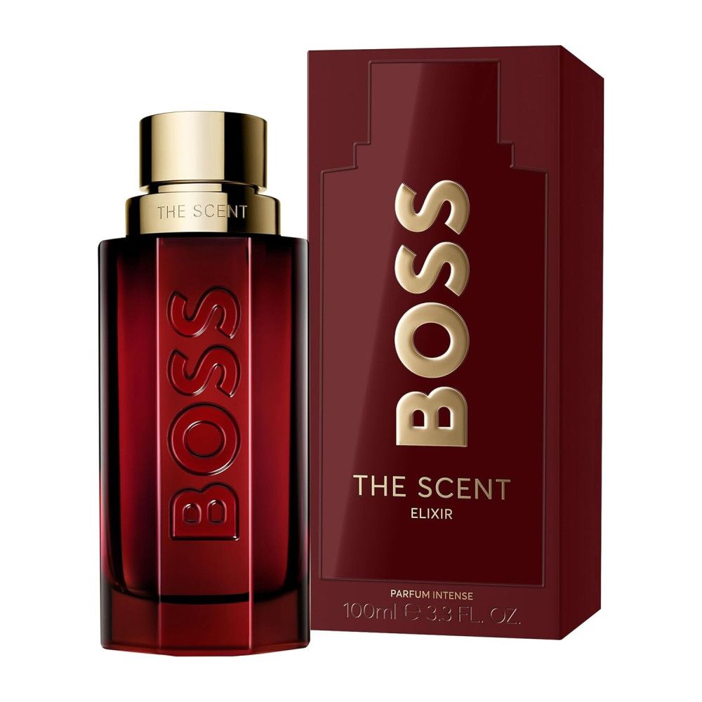Roter Flakon und Verpackung. Goldfarbener Verschluss. BOSS-Logo. Aufschrift "THE SCENT ELIXIR".