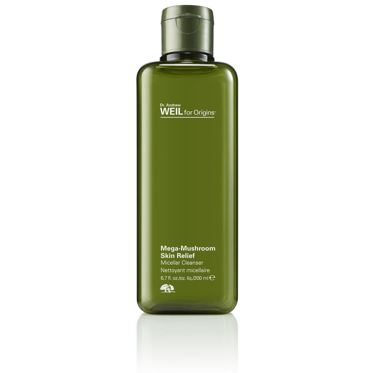 Grüne Flasche mit Aufschrift 'Dr. Andrew Weil for Origins'. 'Mega-Mushroom Skin Relief Micellar Cleanser'. Mit grünem Deckel.