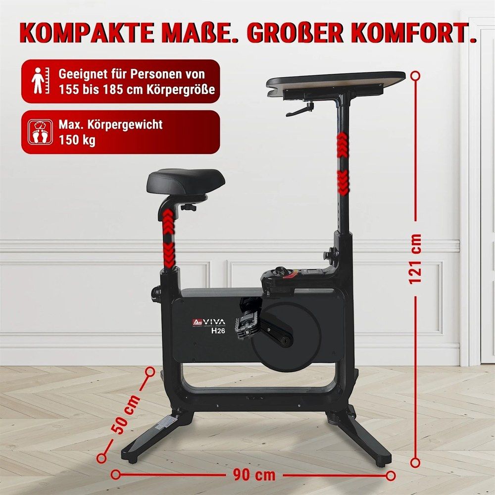 AsVIVA Desk-Bike H26: Kompakte Maße (90x50 cm), Höhe 121 cm. Max. 150 kg.