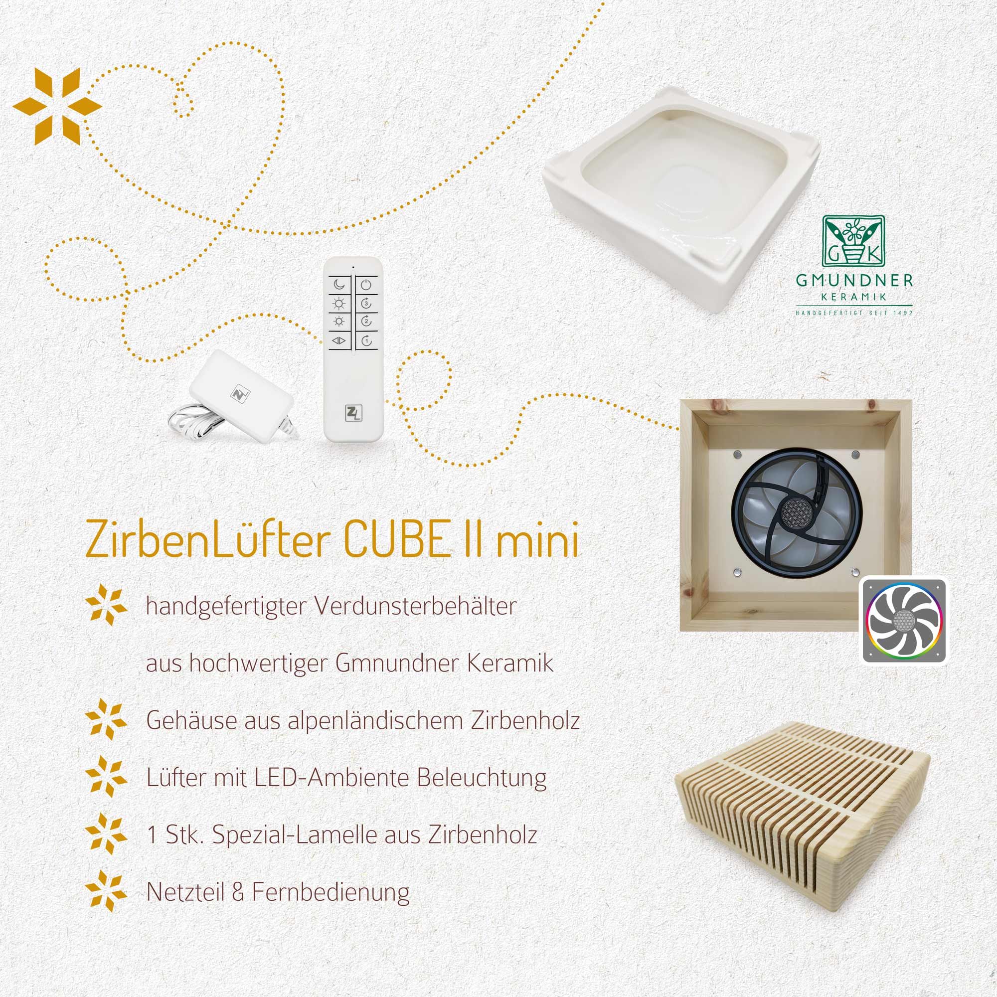 ZirbenLüfter CUBE II mini mit Zubehör: Keramikbehälter, Fernbedienung, Netzteil. Gehäuse aus Zirbenholz.