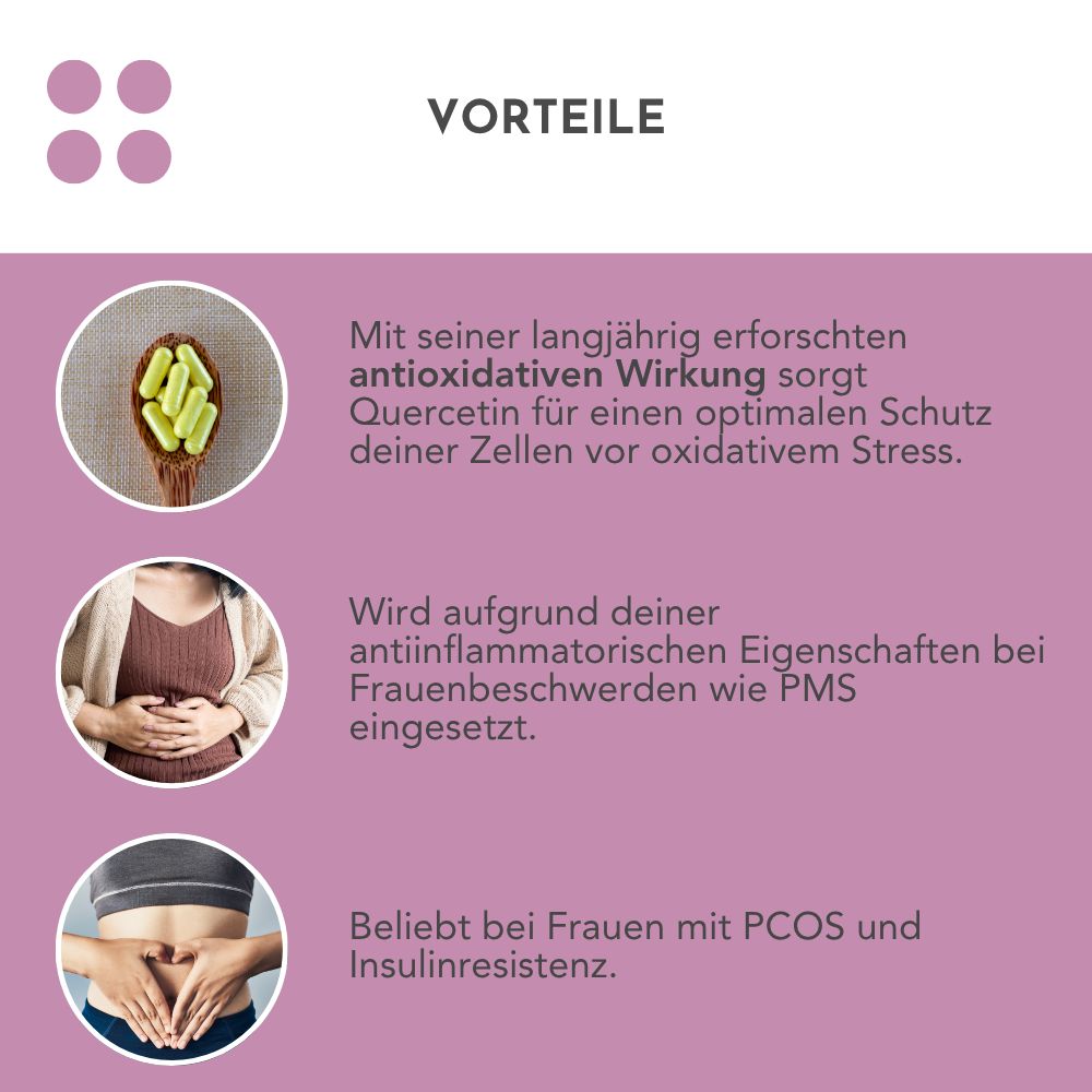 Rosa Hintergrund mit Text und Bildern. Text: Vorteile, antioxidative Wirkung, Schutz vor oxidativem Stress, PMS, Entzündungshemmend, PCOS, Insulinresistenz.