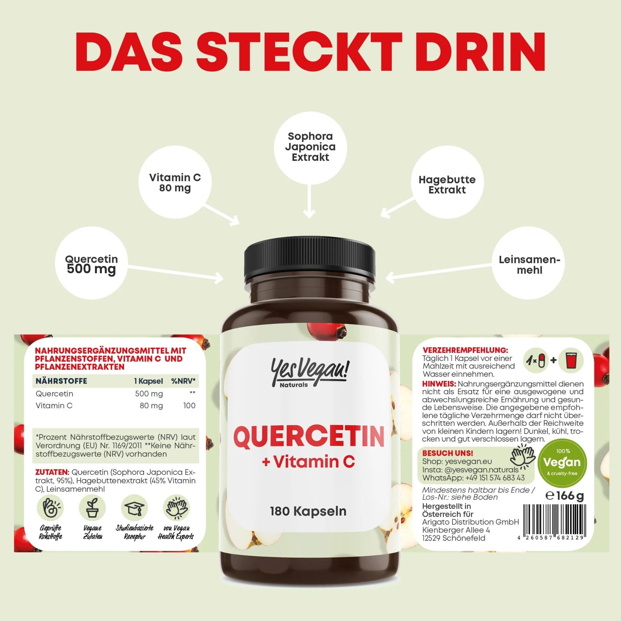 Braune Kapsel mit Etikett 'Quercetin + Vitamin C', 180 Kapseln. Übersicht der Inhaltsstoffe und Dosierung.
