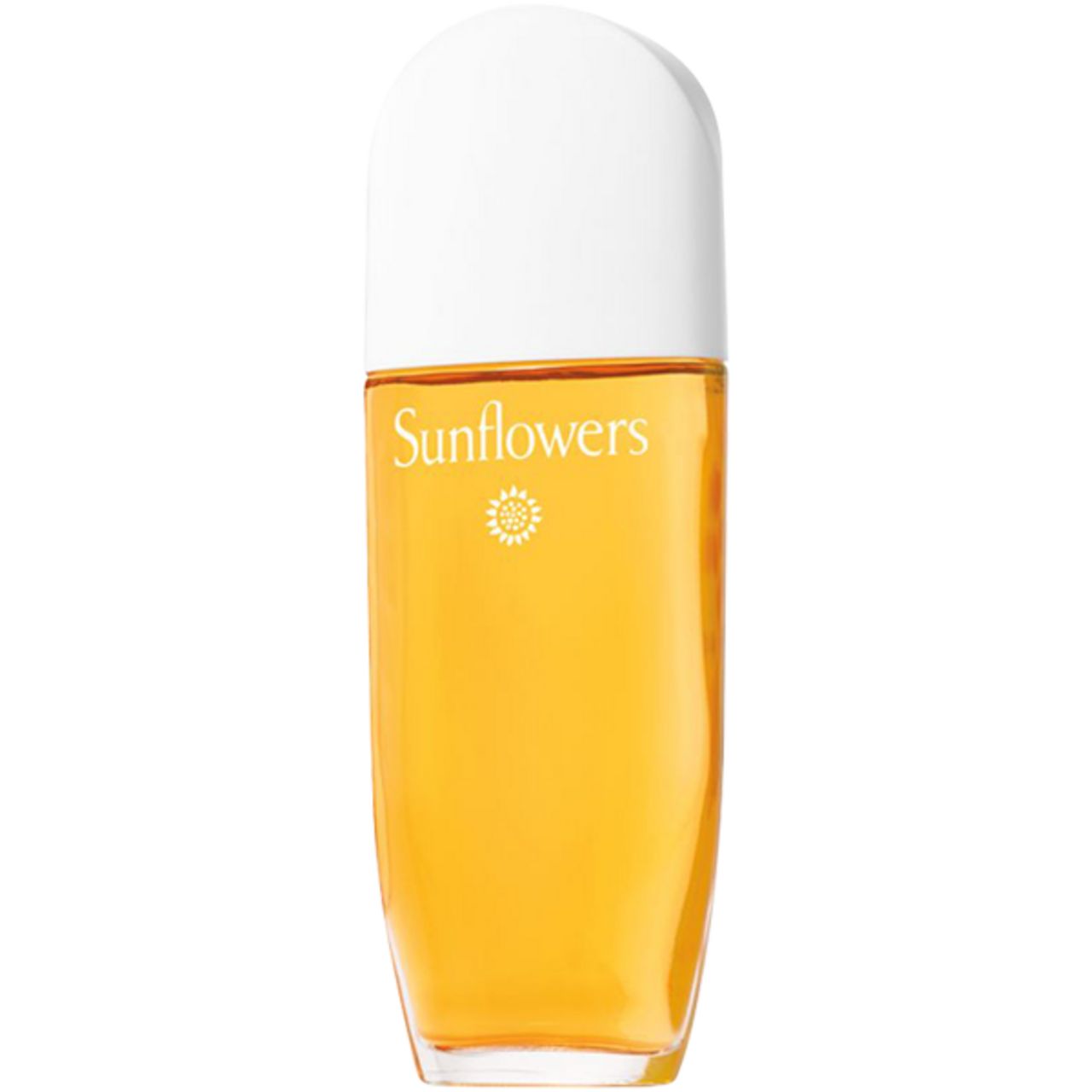 Flakon mit weißem Deckel. Aufschrift Sunflowers. Gelbe Flüssigkeit im Glas. Sonnenblumen-Logo. Klarer Glasboden.