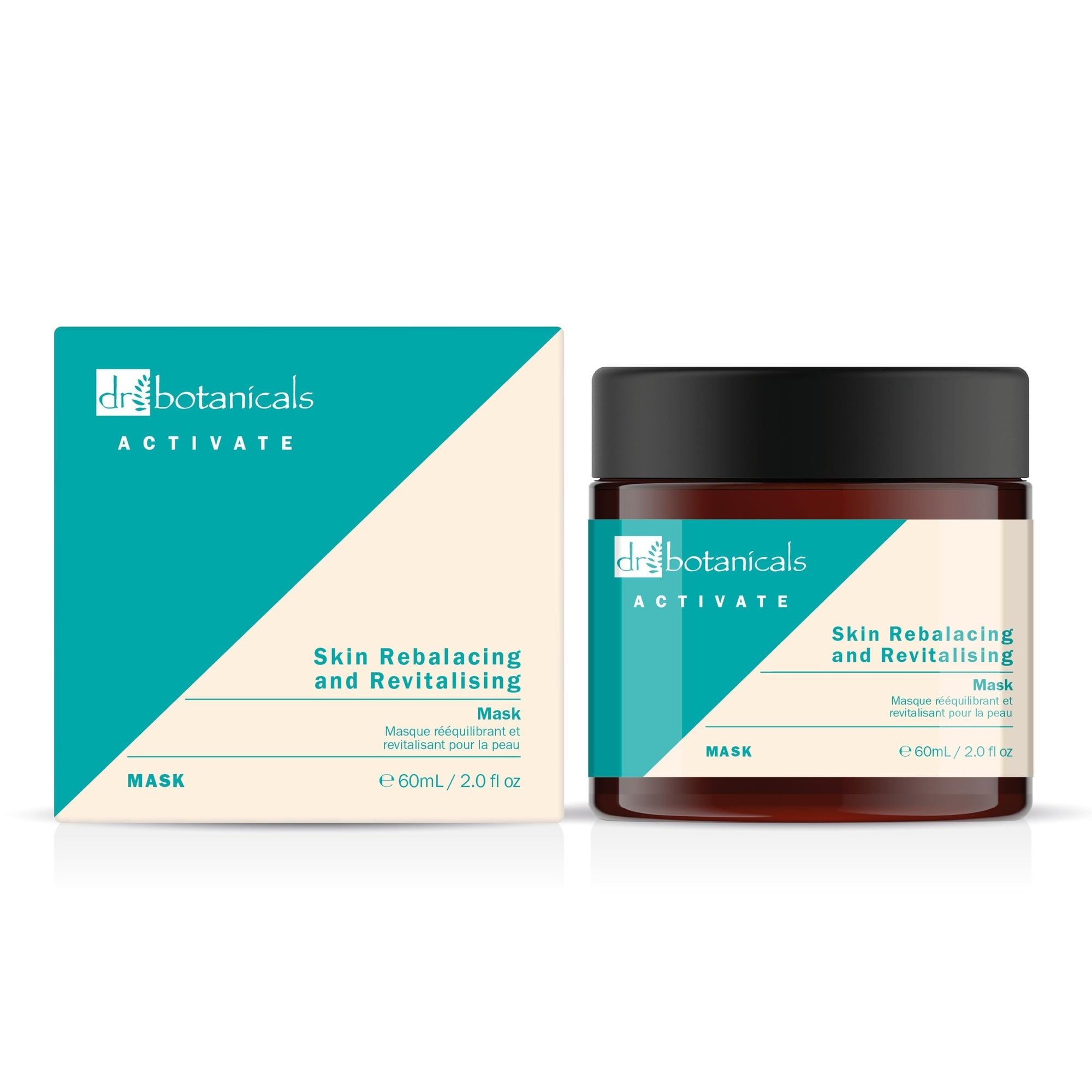Produkt und Verpackung nebeneinander. Braune Glasdose mit schwarzem Deckel. Etikett mit Produktnamen und Marke. Text: Skin Rebalacing and Revitalising Mask.