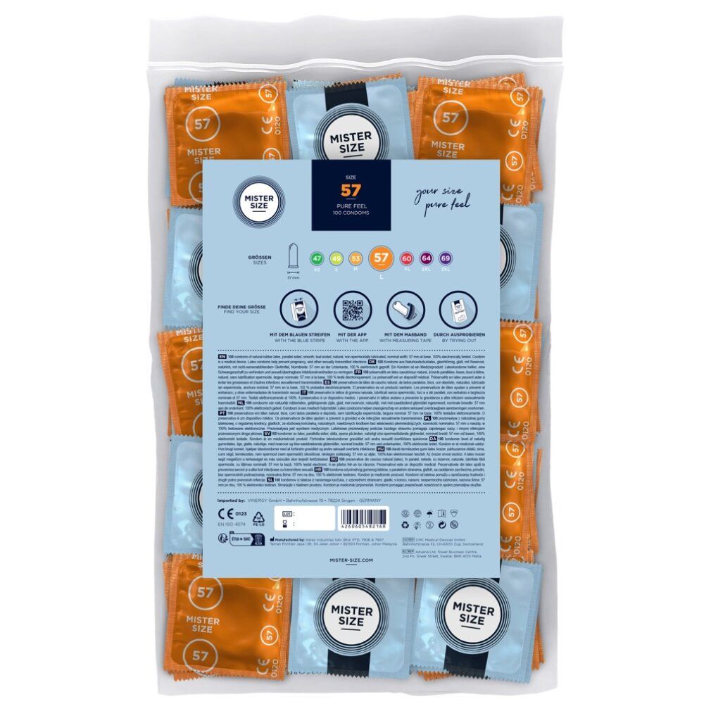Verpackung mit Kondomen. Rückseite mit Produktinformationen. Aufdruck: Mister Size, 57.