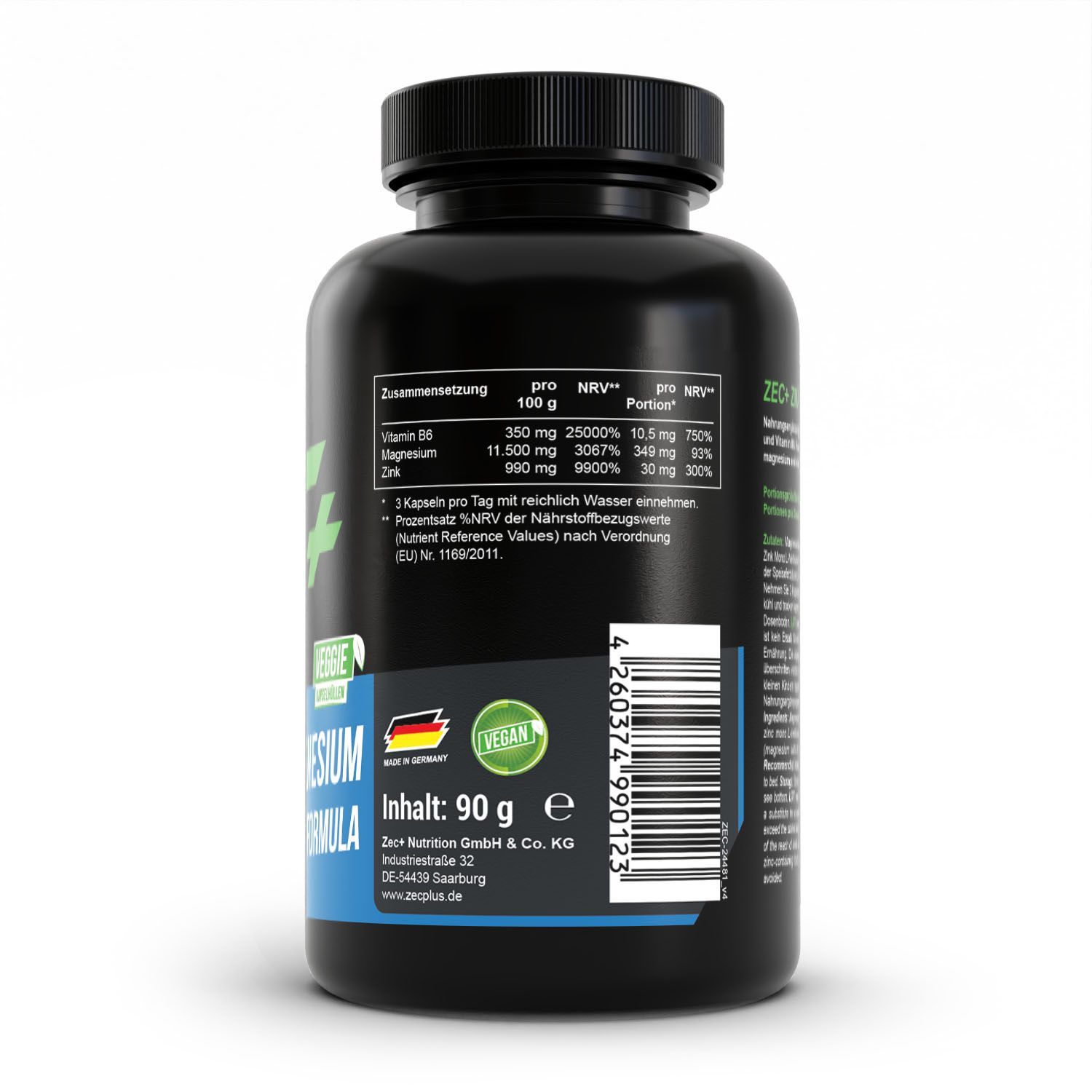Seitenansicht des ZEC+ ZMA Behälters mit Inhaltsangabe 90g und Siegeln.