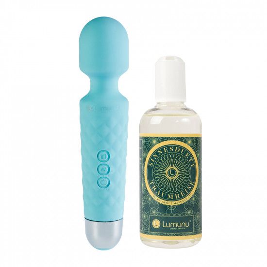 Lumunu Set Massager Kraftprotz (blau) + Massageöl Traumreise