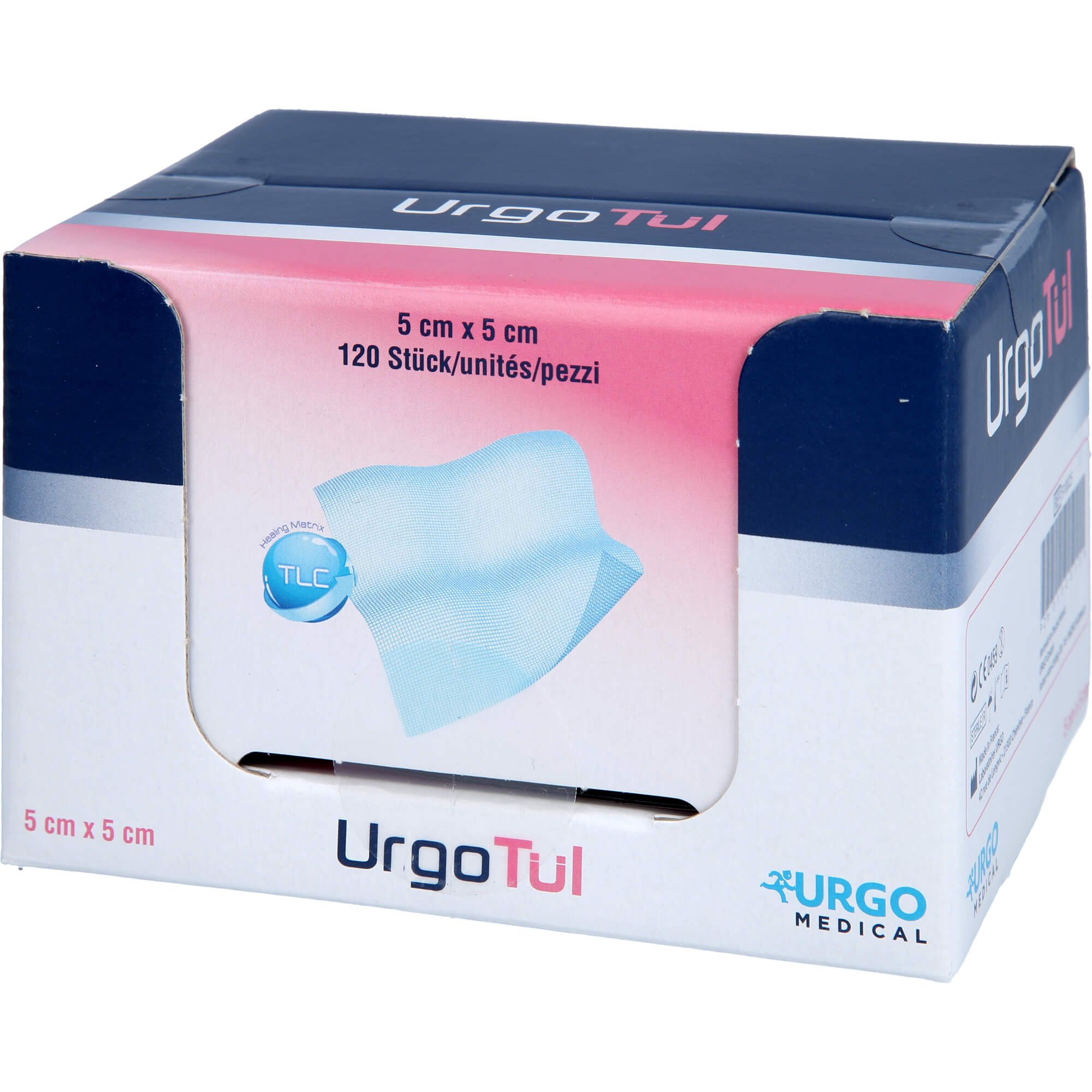 Karton mit URGOTUEL 5x5cm. Aufdruck: 5 cm x 5 cm, 120 Stück. Logo: URGO MEDICAL. Sichtbar: blaue Kompresse. Rosa-weiße Verpackung.
