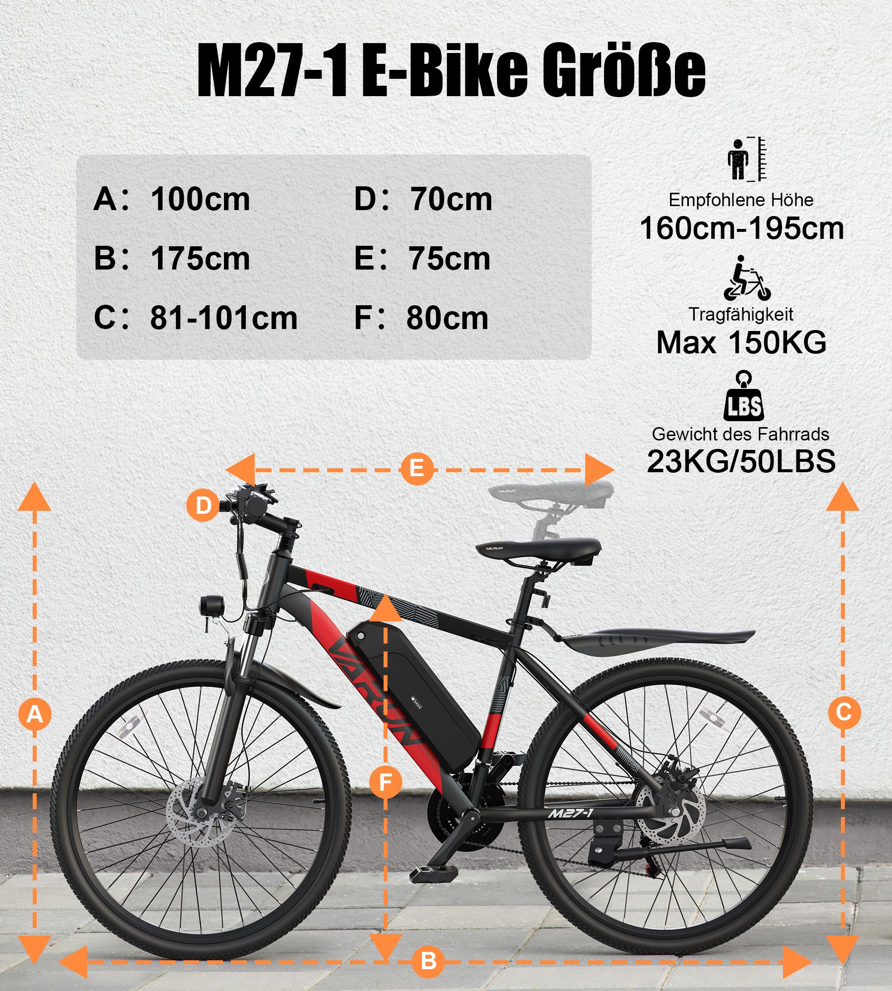 E-Bike-Größenangaben: A: 100cm, B: 175cm, C: 81-101cm, D: 70cm, E: 75cm, F: 80cm. Max. 150KG, 23KG/50LBS.