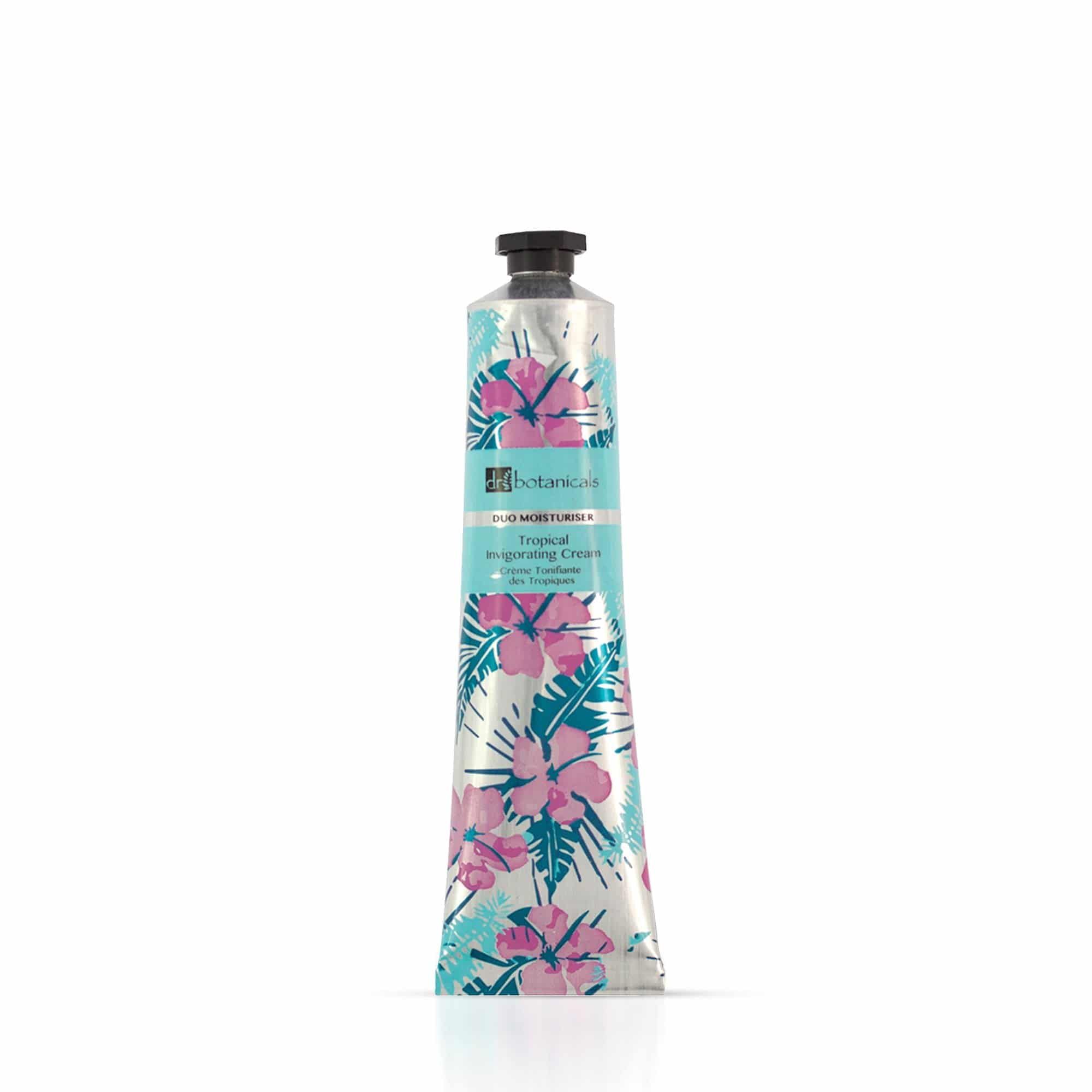 Creme-Tube mit floralem Muster. Aufschrift: Dr Botanicals Tropical Invigorating Cream.