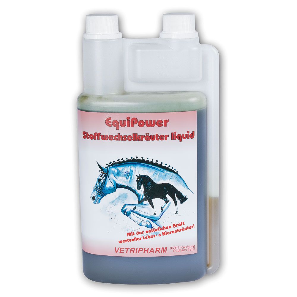 Flüssigkeit in einer transparenten Flasche mit zwei Ausgüssen. Auf dem Etikett steht "EquiPower Stoffwechselkräuter liquid" und ein Pferdebild.