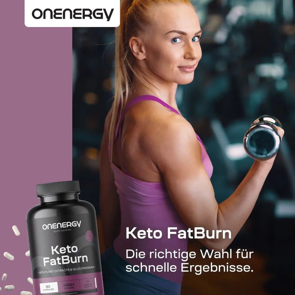 Frau hebt Hantel, daneben Dose OnEnergy Keto FatBurn. "Die richtige Wahl für schnelle Ergebnisse."