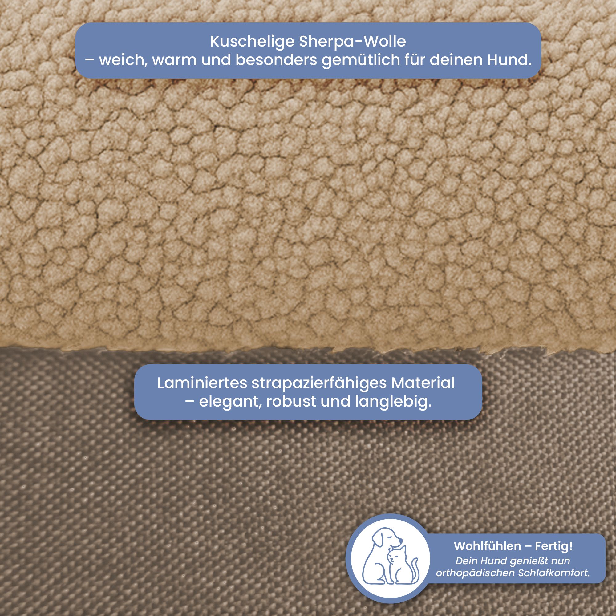 Nahaufnahme Hundebett. Sherpa-Wolle und laminiertes Material. Logo ELONEO.