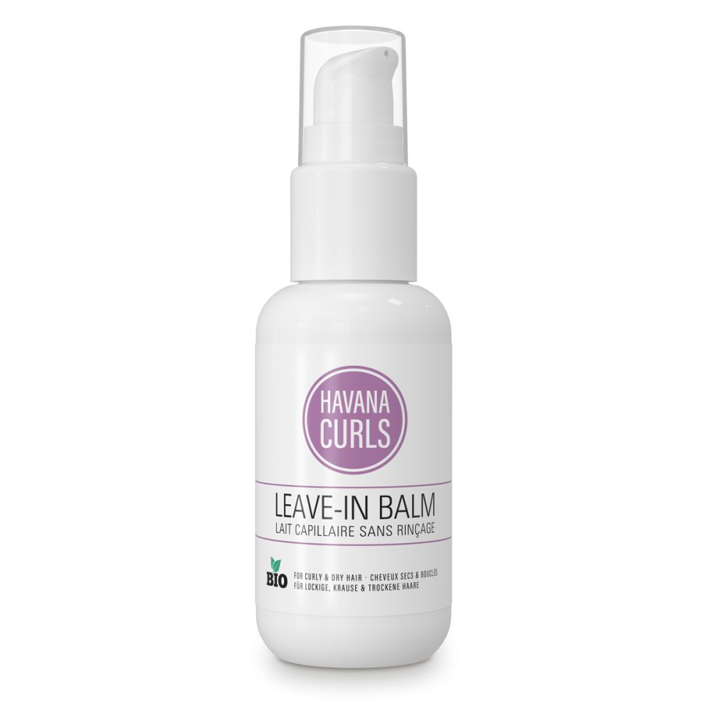Weiße Flasche mit Pumpverschluss. Aufkleber mit "Havana Curls" und "Leave-in Balm". Bio-Siegel.