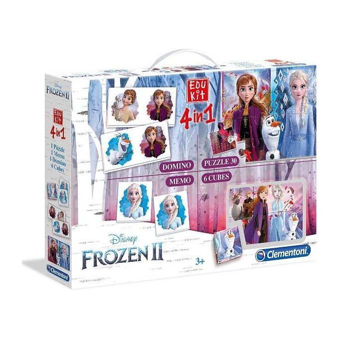 Set di giochi Frozen II. Include puzzle, domino, memo e cubi. Confezione con manico e logo Clementoni. Per bambini dai 3 anni.