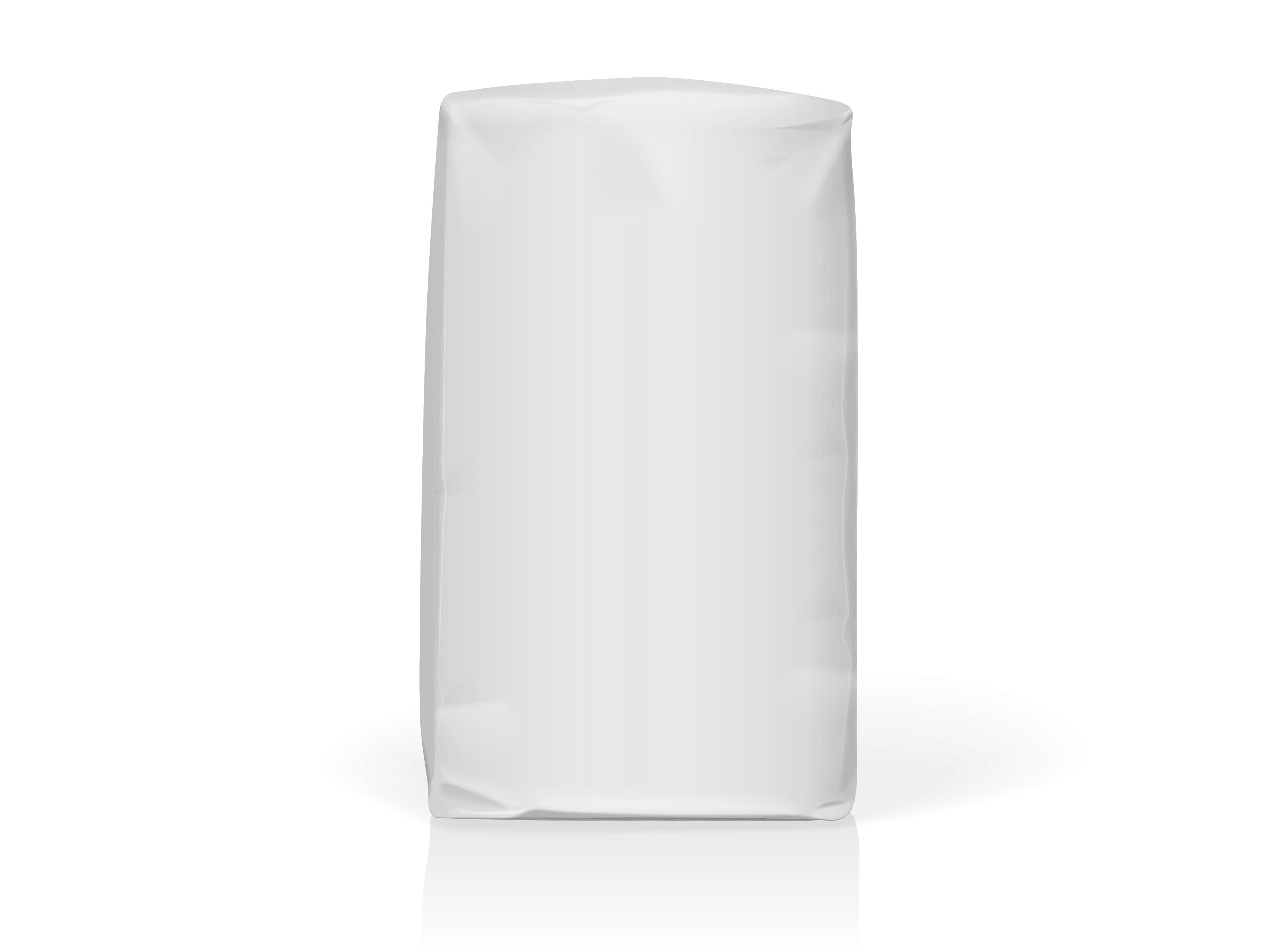 Weißer, rechteckiger Beutel. Die Verpackung steht auf einer reflektierenden Oberfläche. Keine weiteren Details sichtbar.