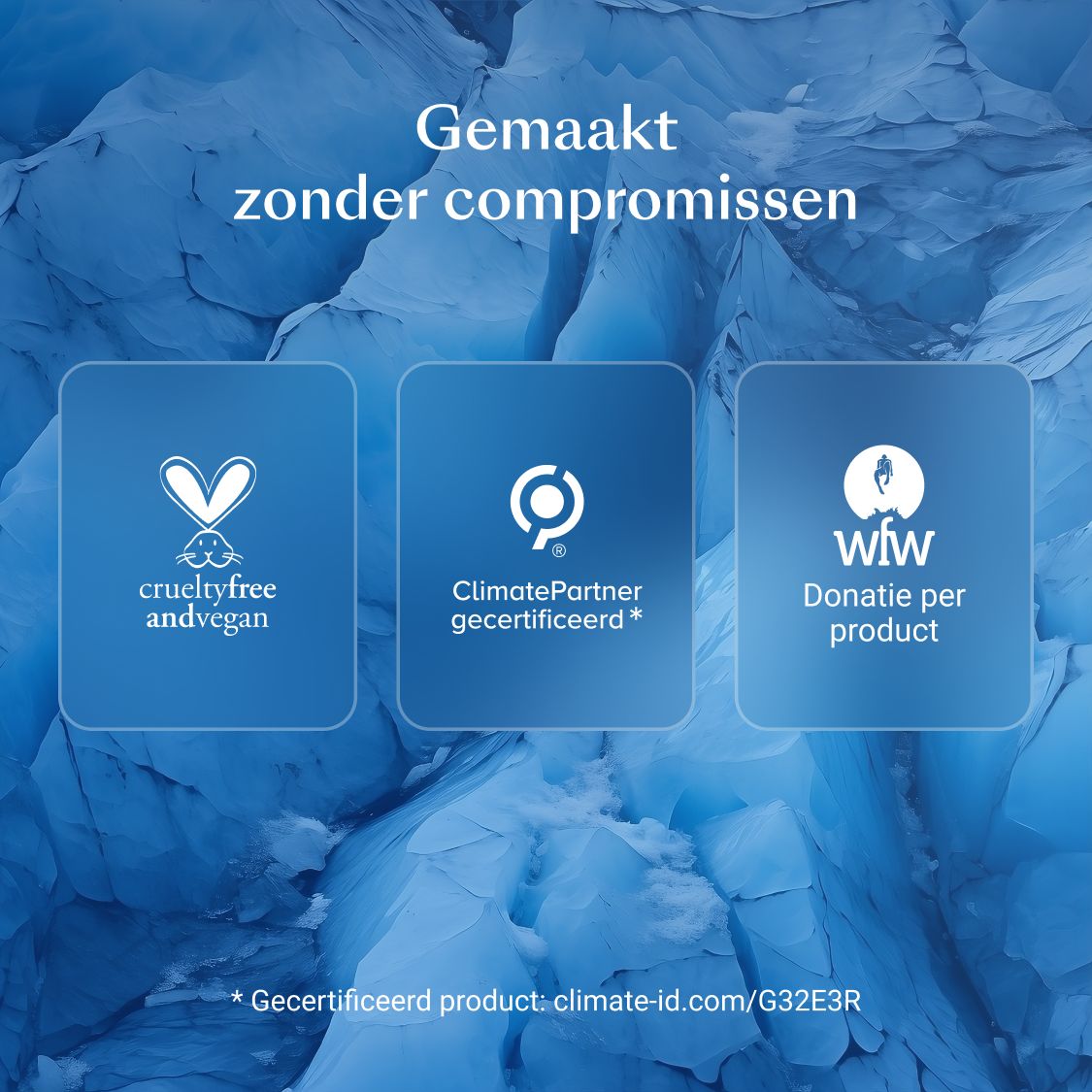 Blauwe achtergrond met logo's. Crueltyfree andvegan, ClimatePartner gecertificeerd, Donatie per product.