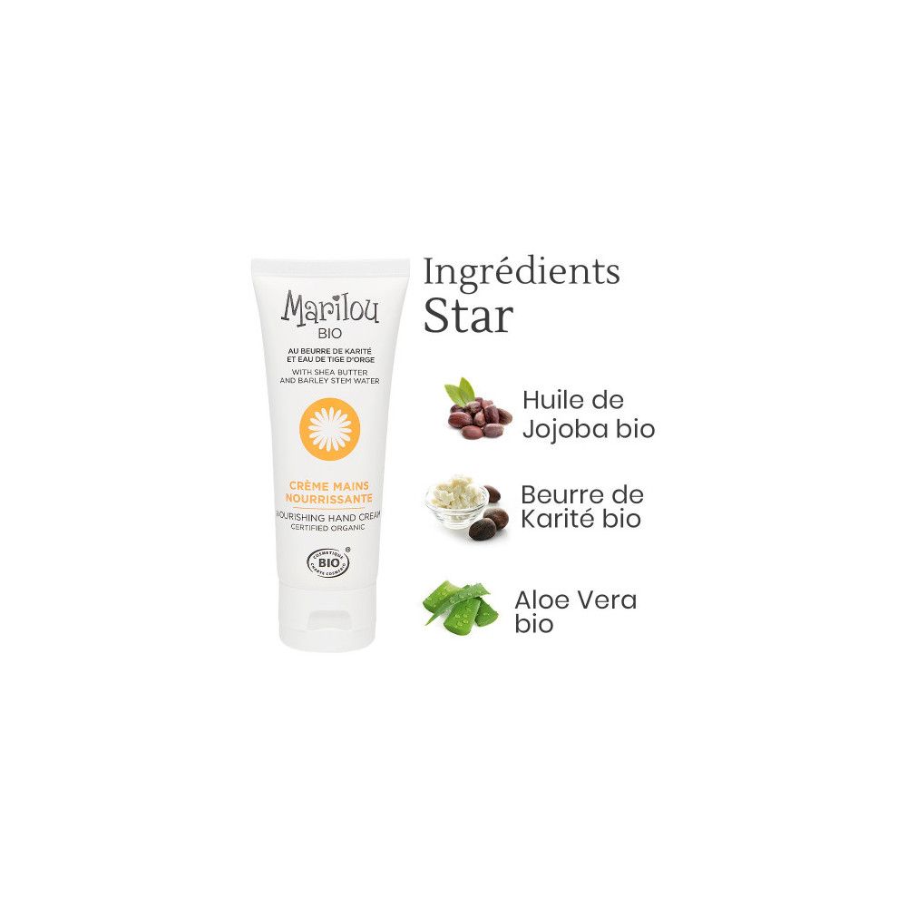 Handcreme-Tube mit Marilou Bio Logo. Daneben Zutaten: Jojoba, Sheabutter, Aloe Vera.