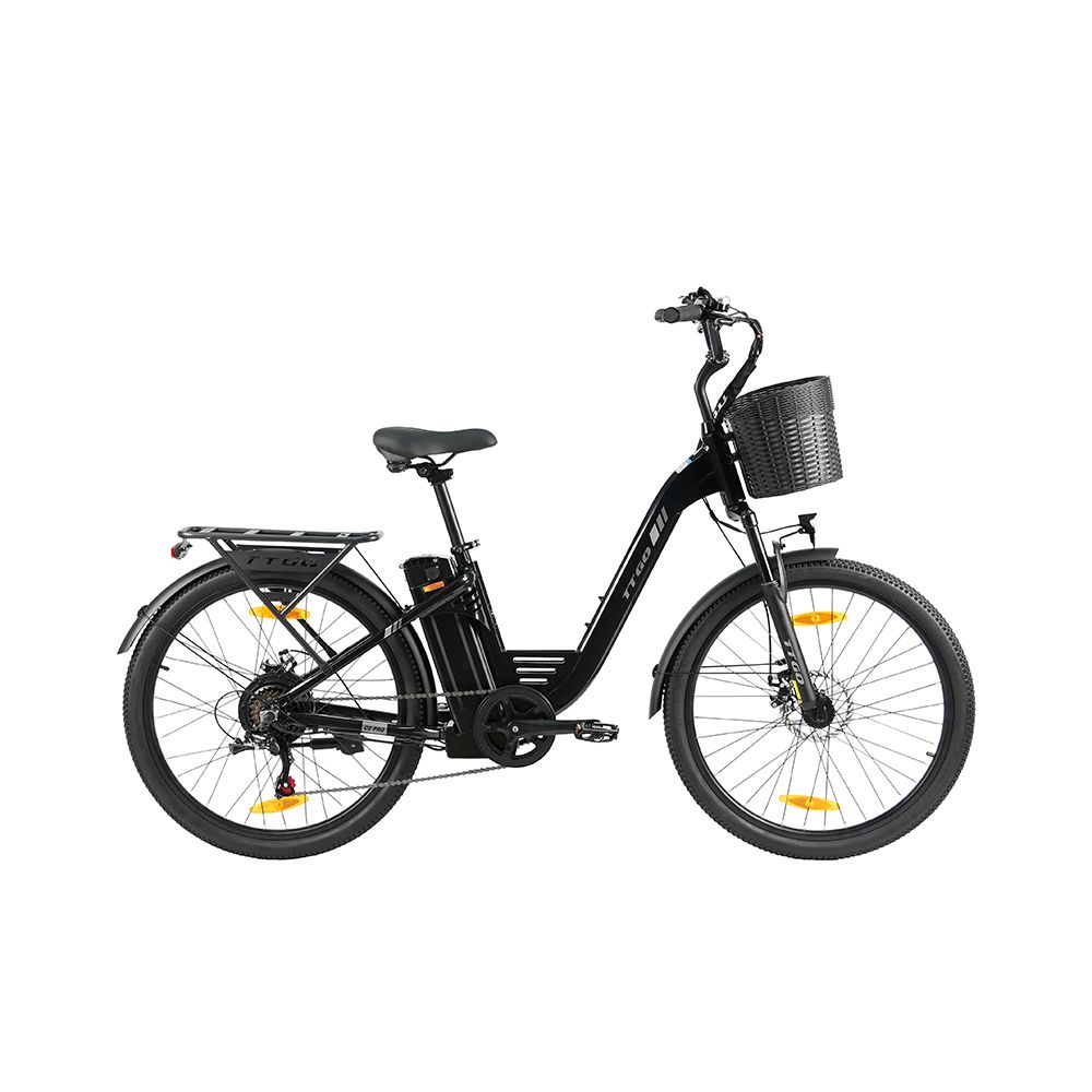 Schwarzes TTGO C2 PRO E-Bike. Korb vorne, Gepäckträger hinten. Shimano 7-Gang. Batterie am Rahmen.