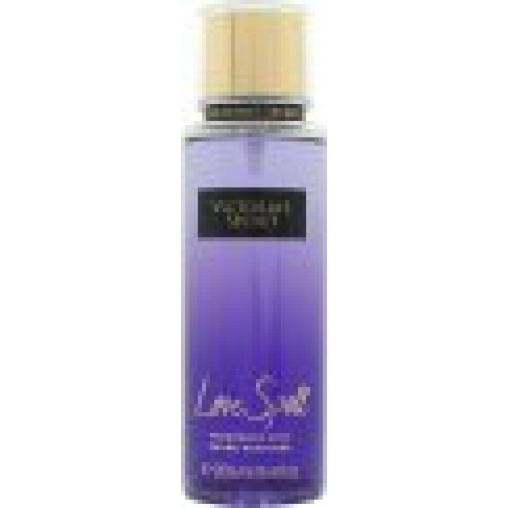 Victoria's Secret Love Spell Körpernebel, lila Flasche mit goldenem Verschluss und schwarzem Etikett.
