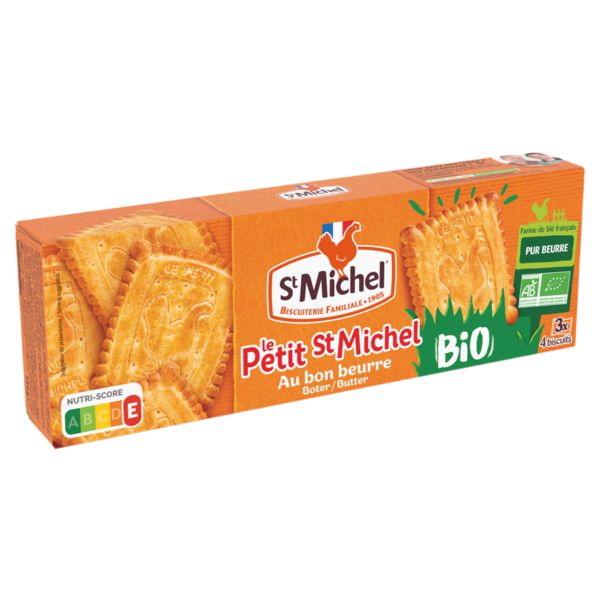 Orangefarbene Verpackung mit Keksen. Aufschrift: St Michel, Le Petit St Michel, Bio, Au bon beurre. Nutri-Score-Logo.