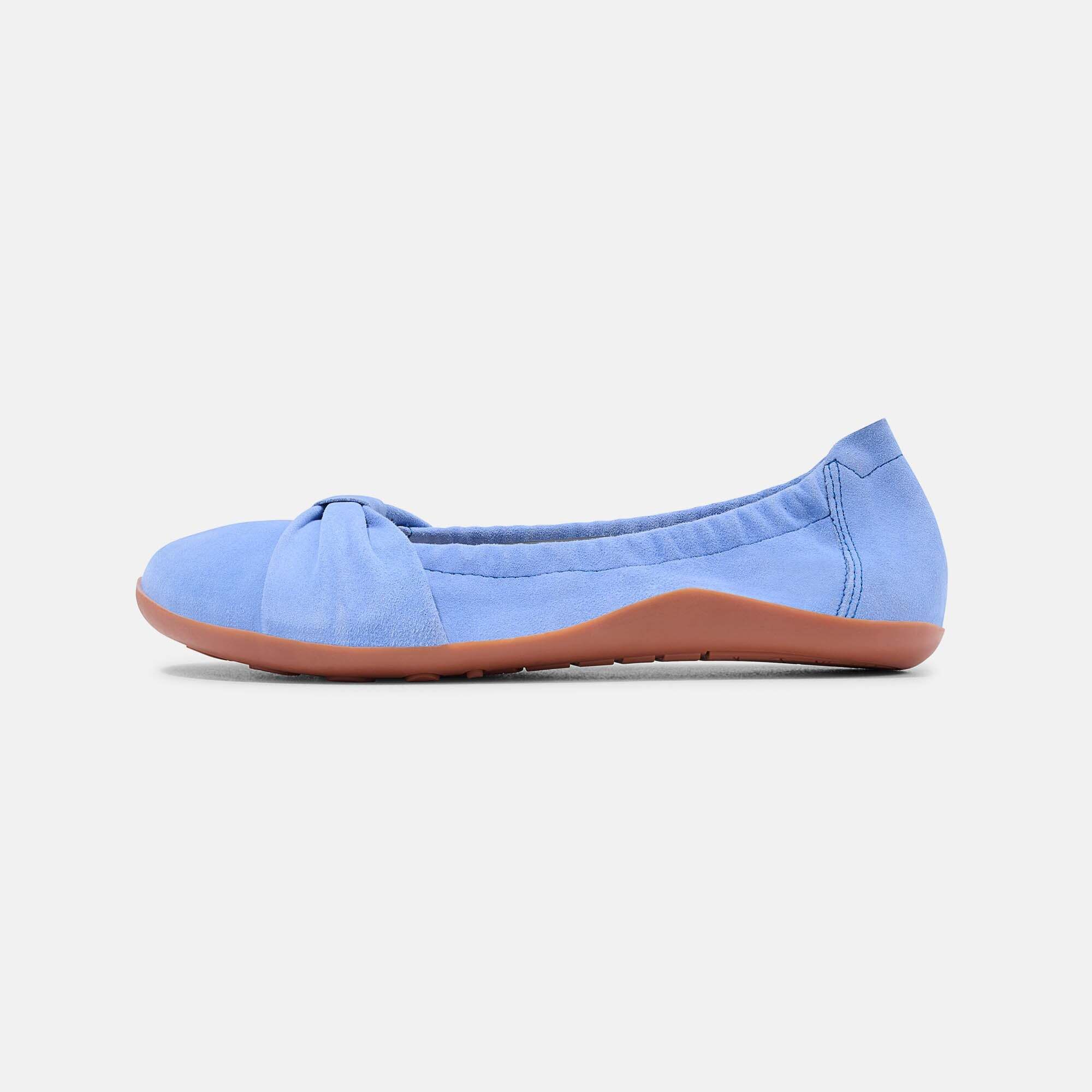 Oberansicht eines blauen Ballerinas mit Schleife und Markensymbol.