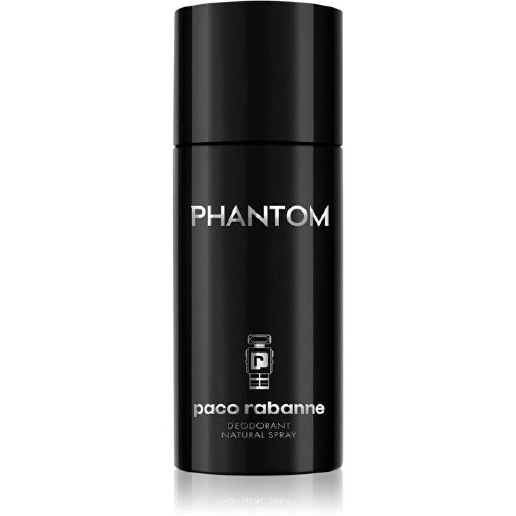 Schwarze Deodorant-Spray-Flasche. Aufschrift "PHANTOM" und "paco rabanne". Natürliches Spray.
