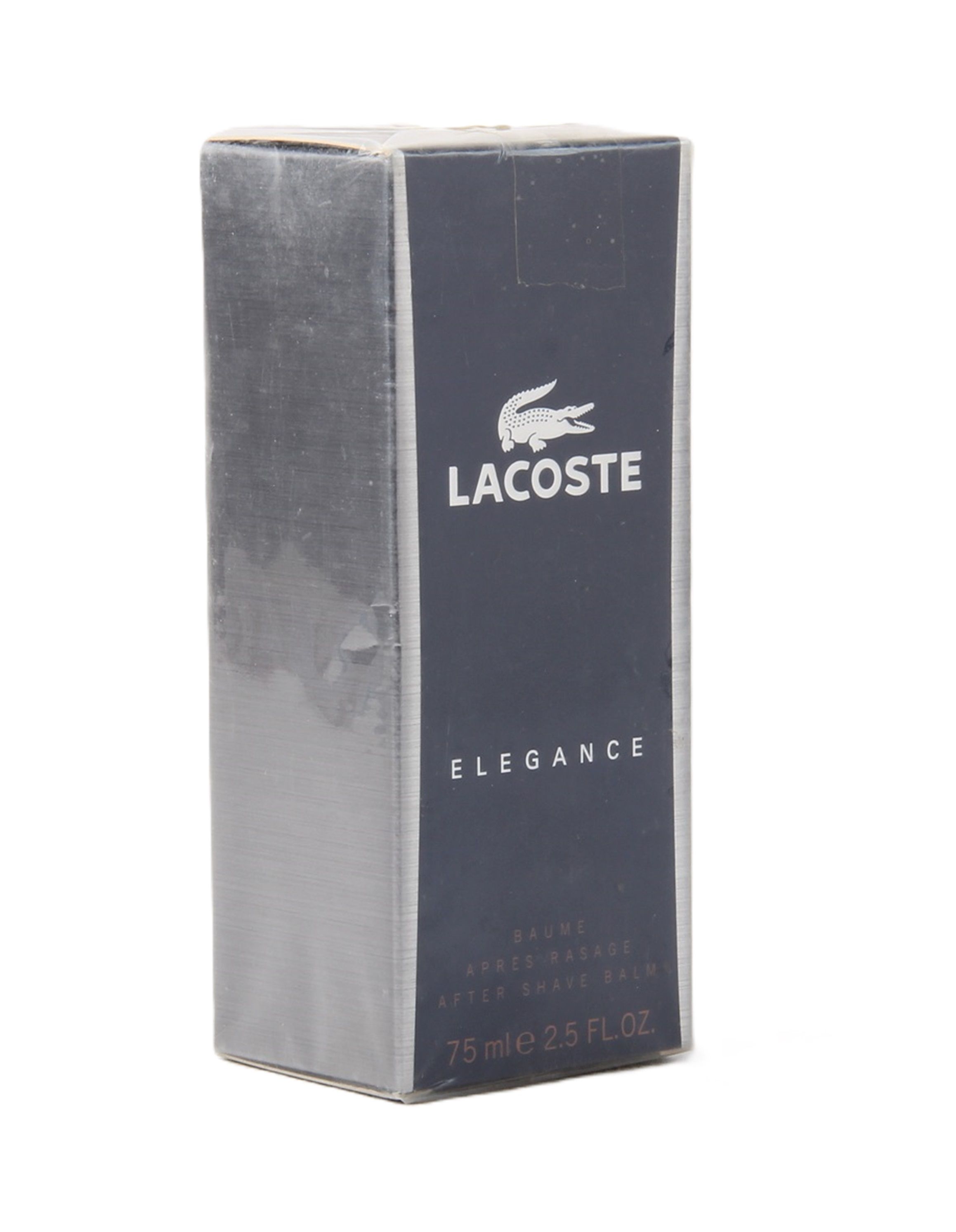 Lacoste Elegance After Shave Balm. Rechteckige Verpackung, dunkelblau mit weißem Logo und Schriftzug. 75 ml/2.5 FL.OZ.