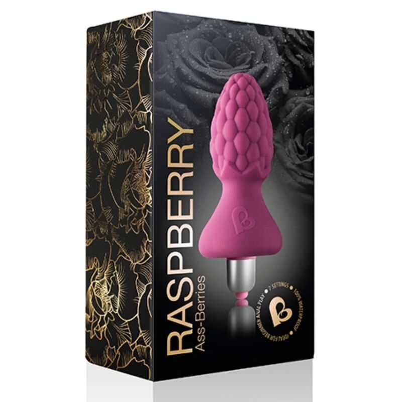 Verpackung mit Analplug. Schwarzer Hintergrund mit Rosen. Produktname: RASPBERRY Ass-Berries. 2 Einstellungen.