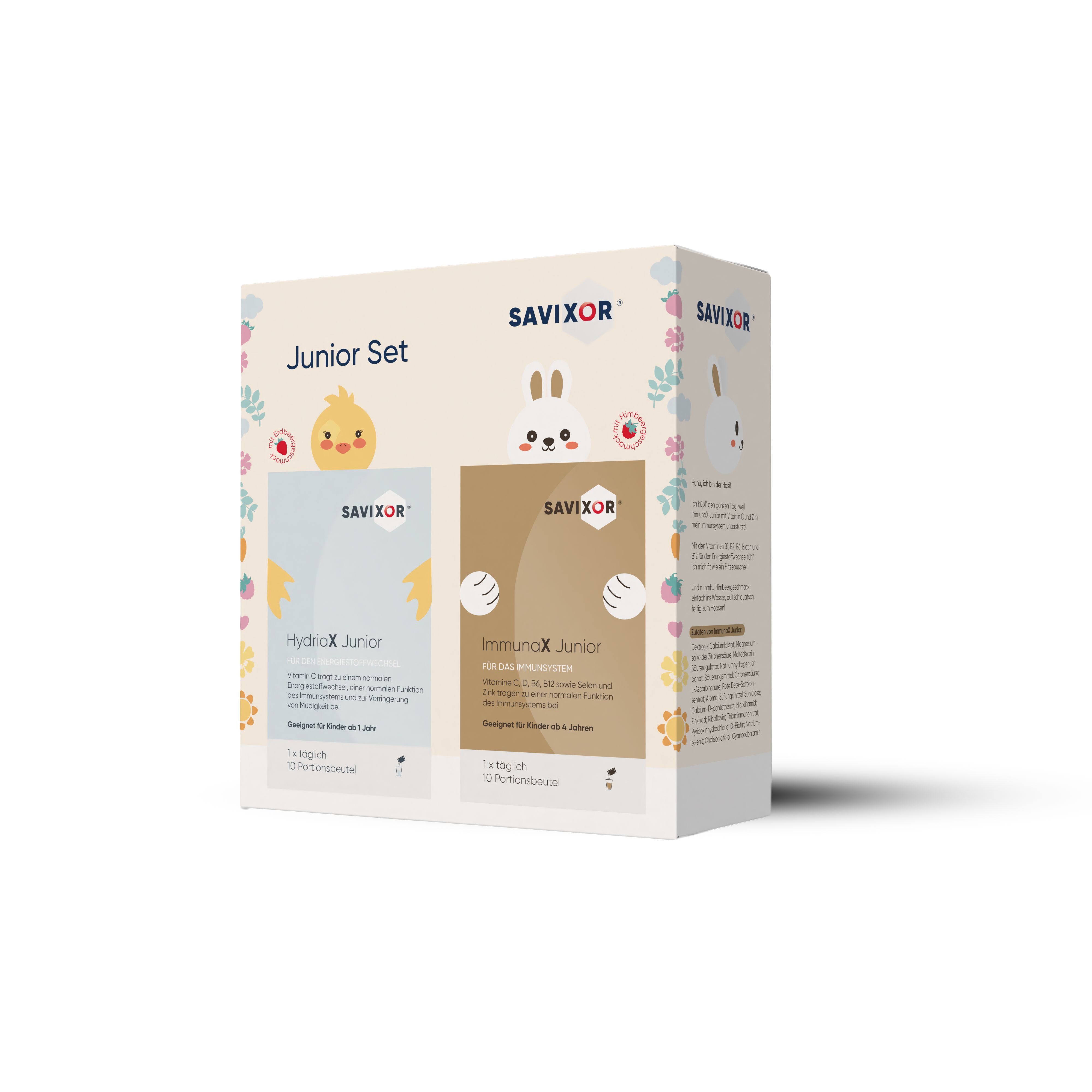 Savixor Junior Set-Verpackung. Enthält HydriaX Junior und ImmunaX Junior. Mit Illustrationen von Küken und Hase. Text in Englisch.