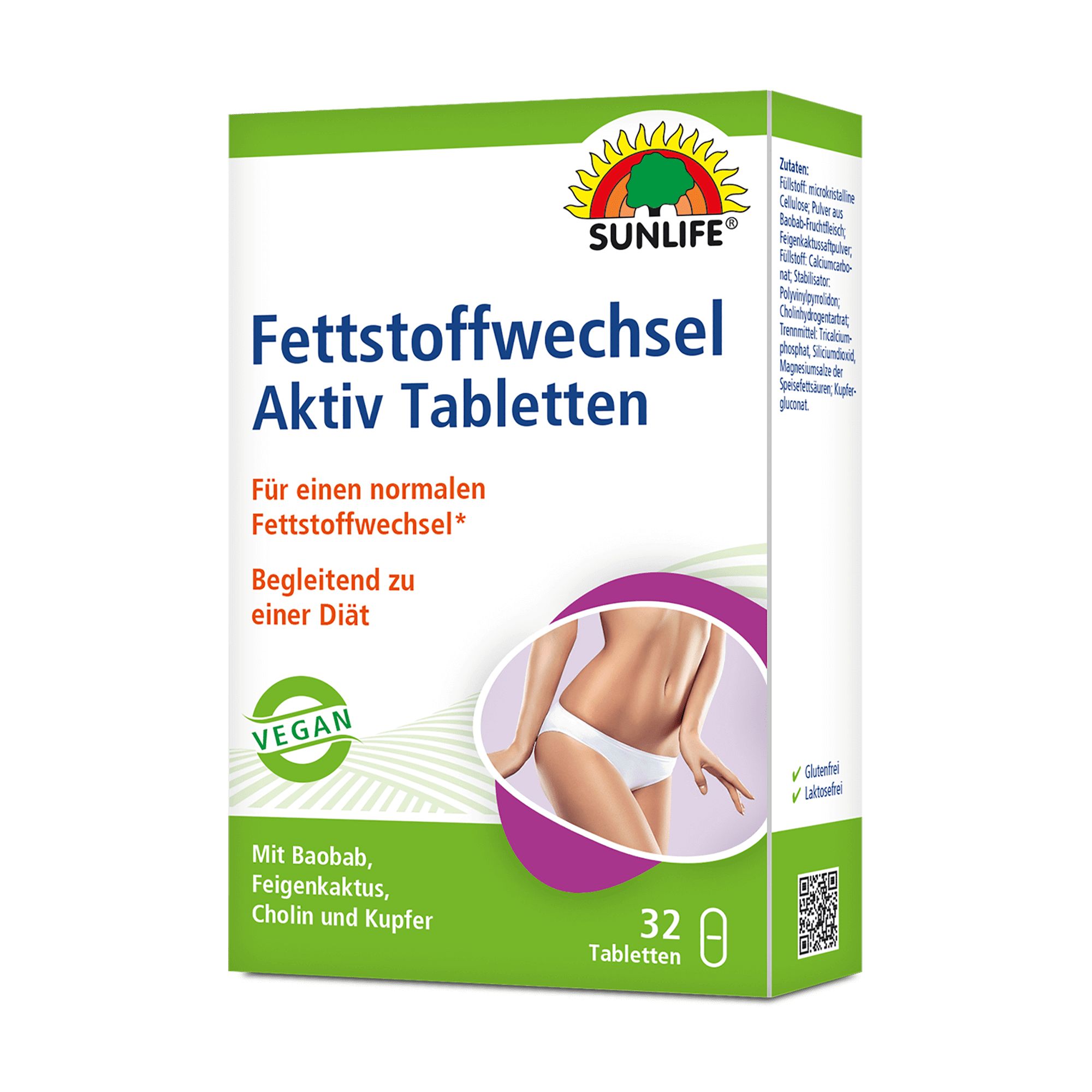 Schachtel SUNLIFE® Fettstoffwechsel Aktiv Tabletten. Grün-weißes Design mit Logo und Produktbezeichnung. Abbildung einer Frau.