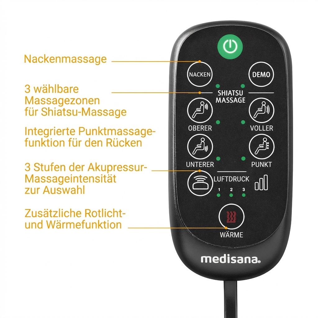 Fernbedienung für Massagesitzauflage mit Tasten für Nacken-, Shiatsu-, Punktmassage und Wärme.