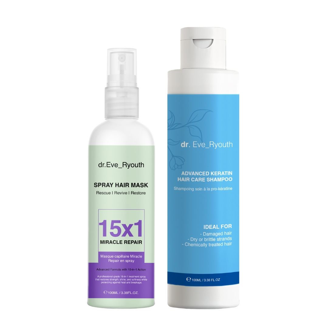 Zwei Flaschen: Spray Hair Mask und Advanced Keratin Hair Care Shampoo. Beide mit dem Logo von dr. Eve_Ryouth. Ideal für geschädigtes Haar.