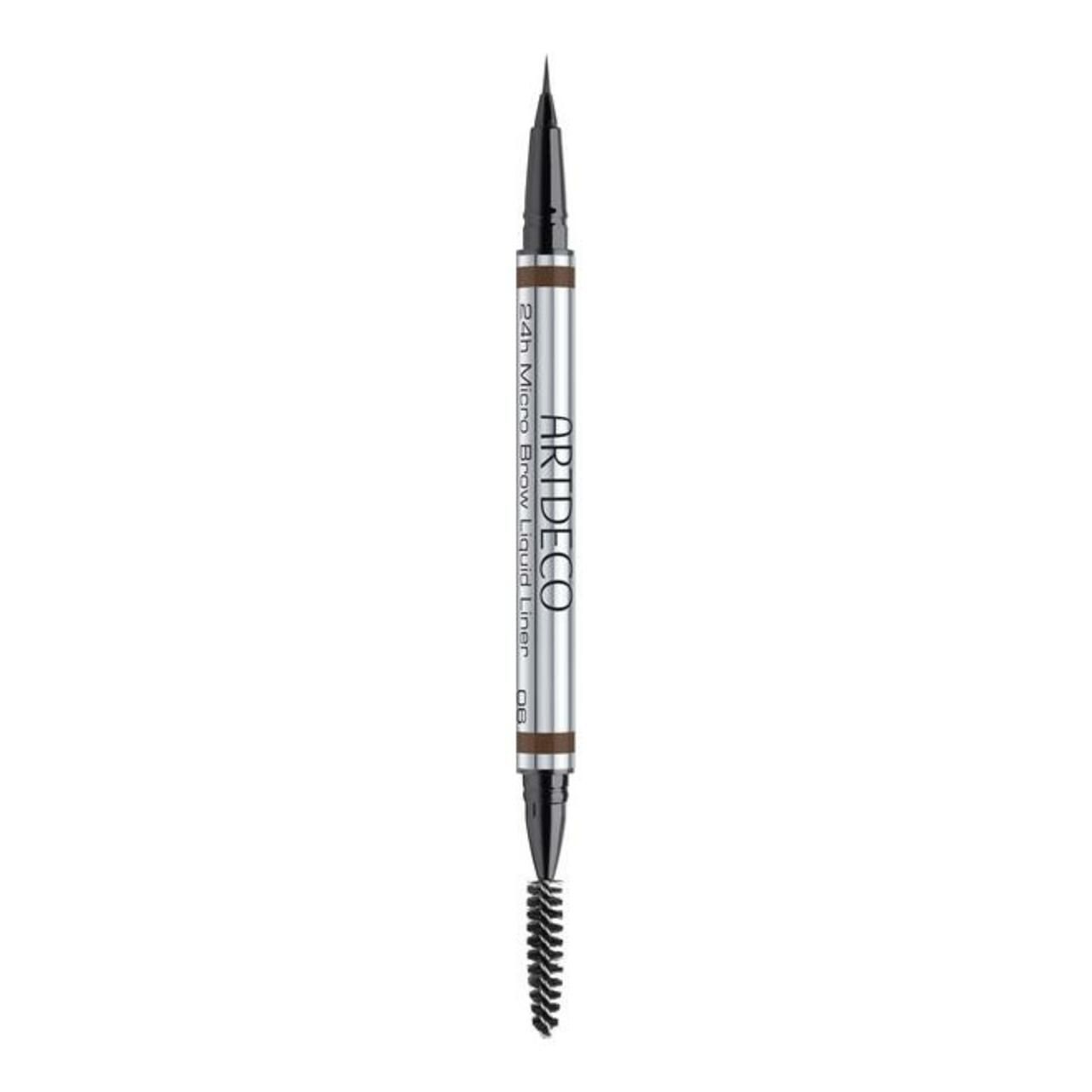 Artdeco 24h Micro Brow L.L.W.Brush. Silberfarbener Stift mit Bürste und Applikator. Aufschrift: ARTDECO, 24h Micro Brow Liquid Liner.
