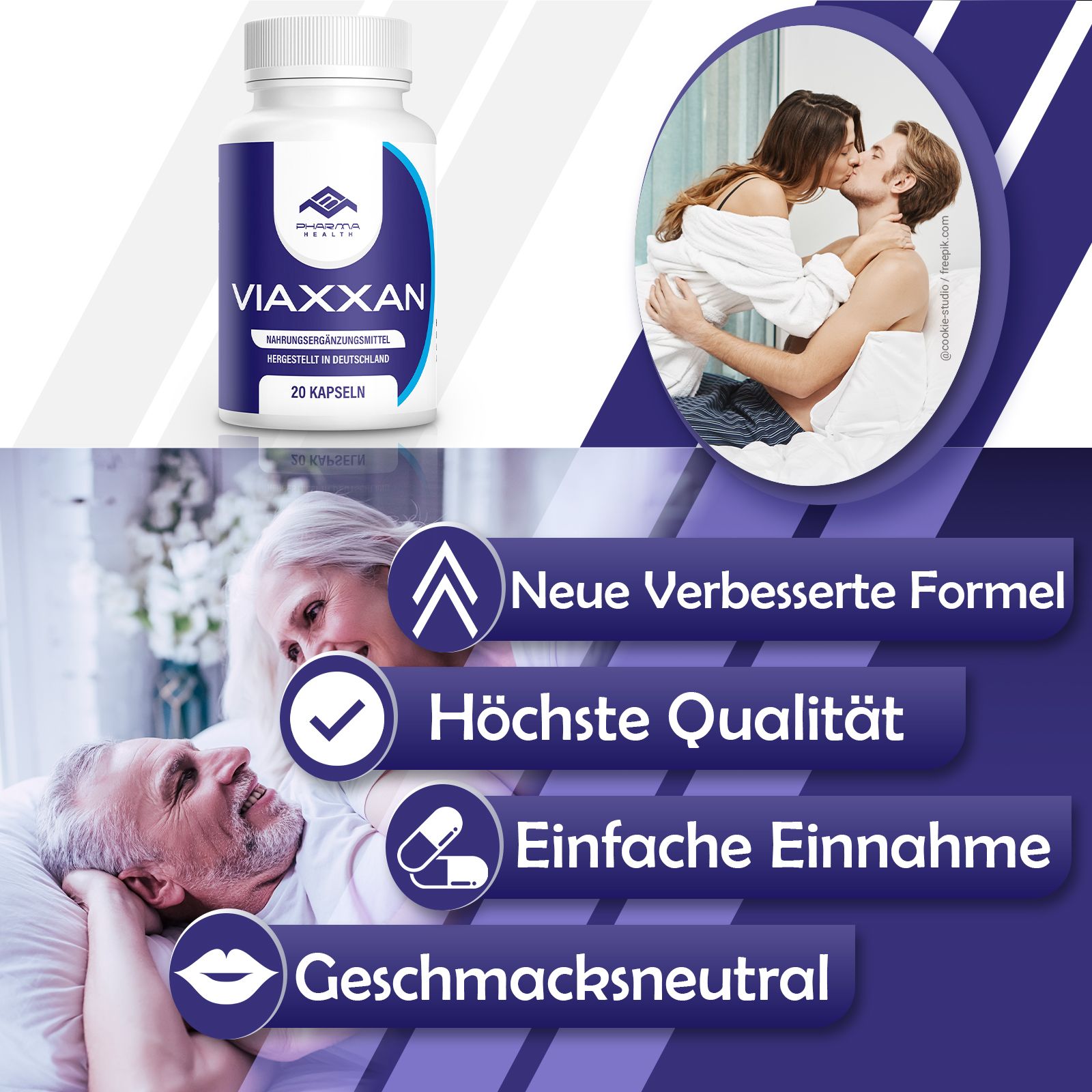 Viaxxan-Flasche mit 20 Kapseln. Flasche mit blauem Etikett und Logo. Hintergrund mit Paaren und Text. Neue verbesserte Formel.