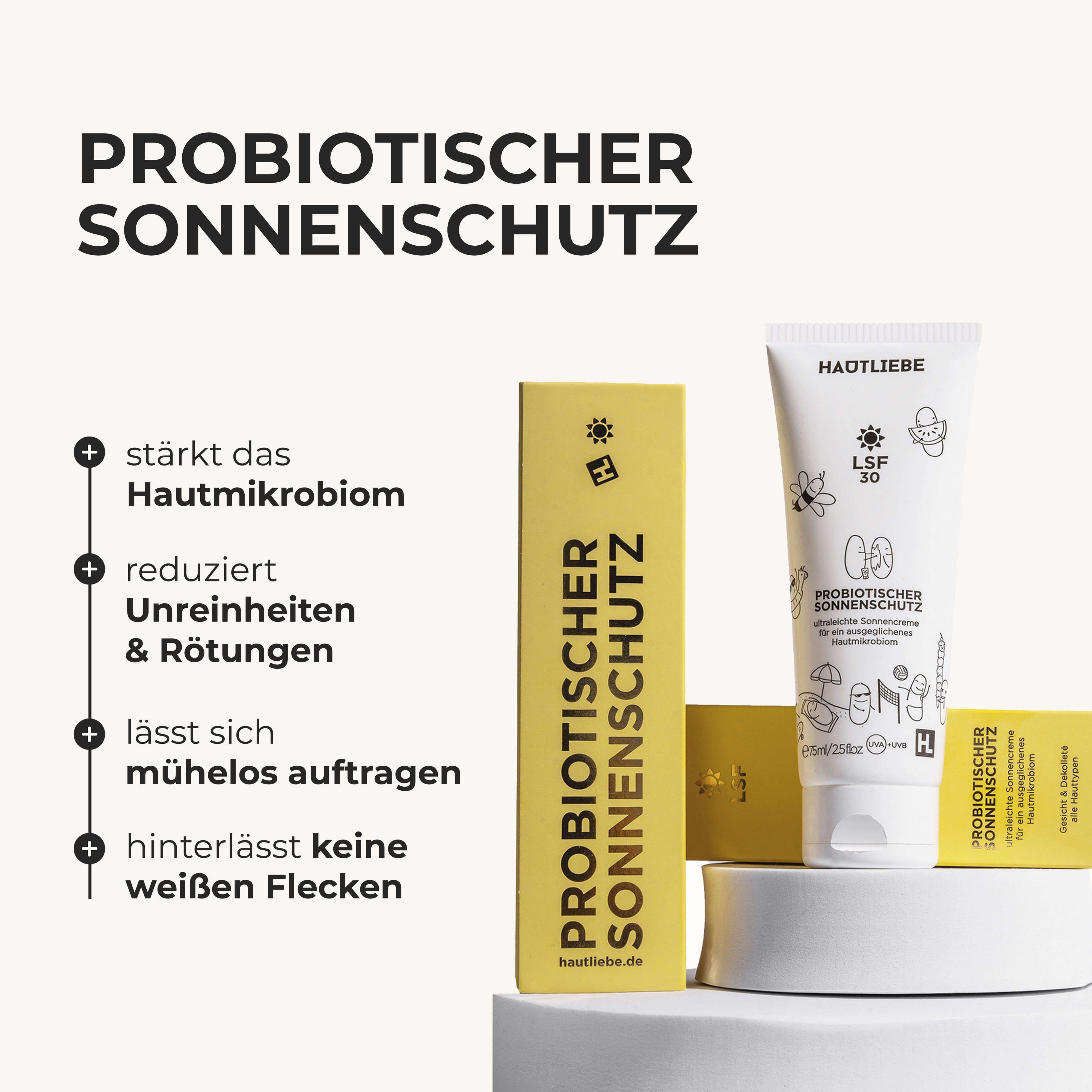 Gelbe Schachtel und weiße Tube. Text: Probiotischer Sonnenschutz, Hautliebe.de, LSF 30. Vorteile in Textform.