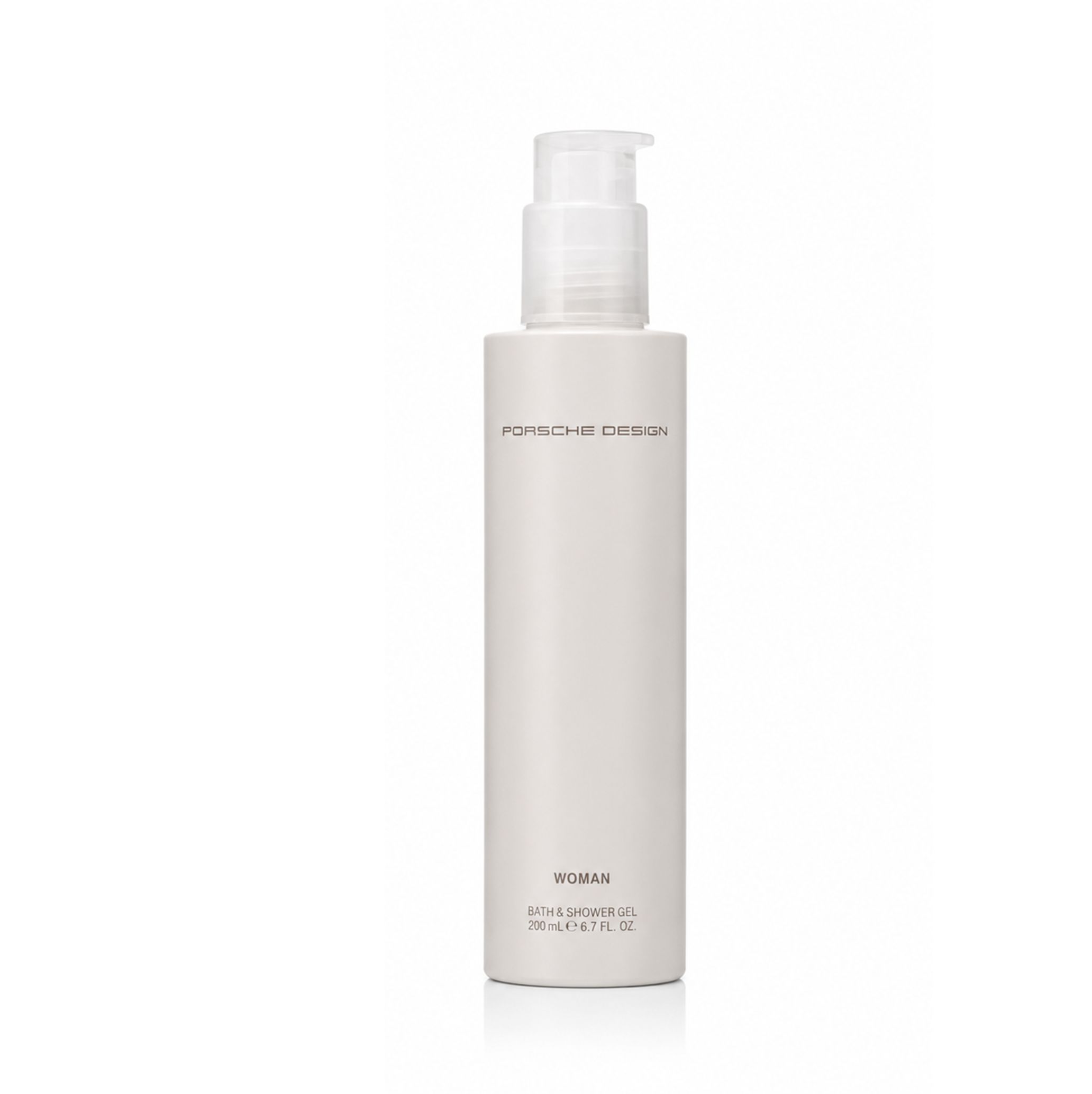 Weiße Pumpflasche mit Porsche Design Schriftzug und der Aufschrift "WOMAN BATH & SHOWER GEL".